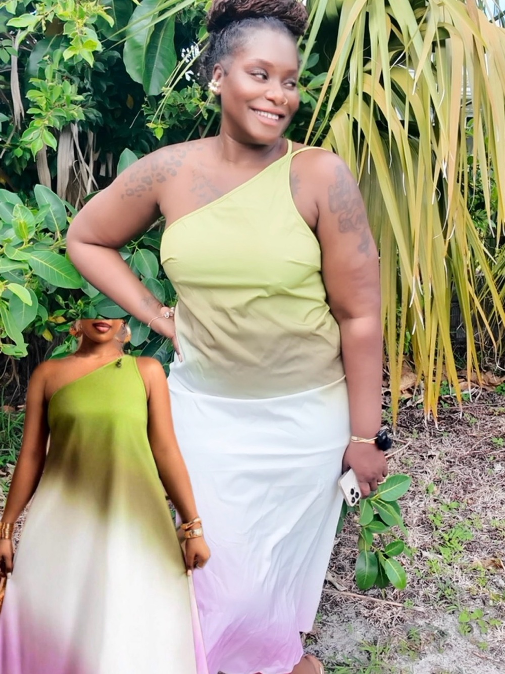 One-Shoulder Ombre Green to White Maxi Dress